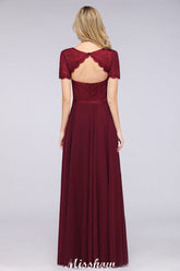 A-Line Short-Sleeves Floor-Length Bridesmaid Dress Chiffon Lace Round-Neck Evening Dress